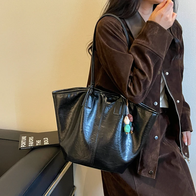 Overs ize Shopper Bag einfach lässig große Kapazität Tote Frauen Handtaschen Designer Tasche Luxus weiche Leder Umhängetasche schwarz Bolsos – Detail 6