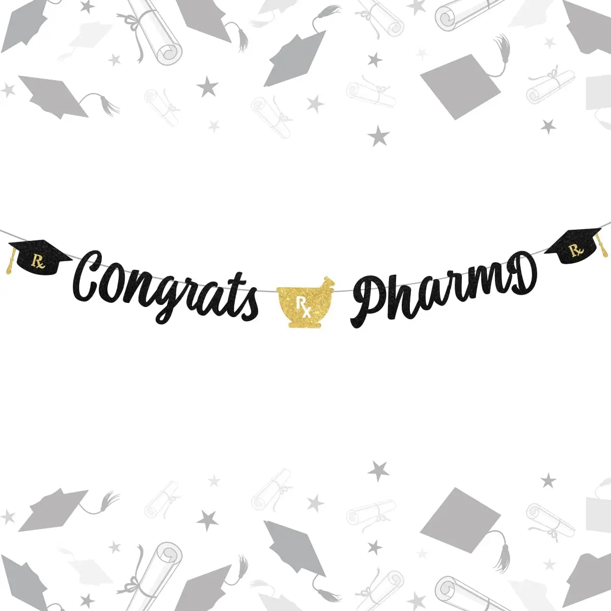 

Congrats Graduation Banner Black Congratulations Banner with Cap and Medicine Jar Glitter PharmD College Graduation Decorations