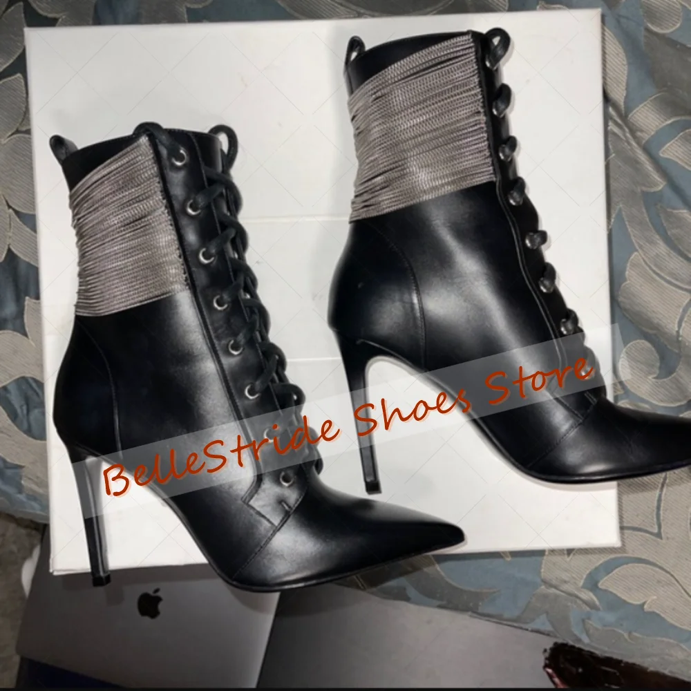 블랙 레이스업 포인티드 토 부츠 체인 장식 무광 가죽 여성 신발 얇은 하이힐 파티 연회 데이트 2025 여성용 신발