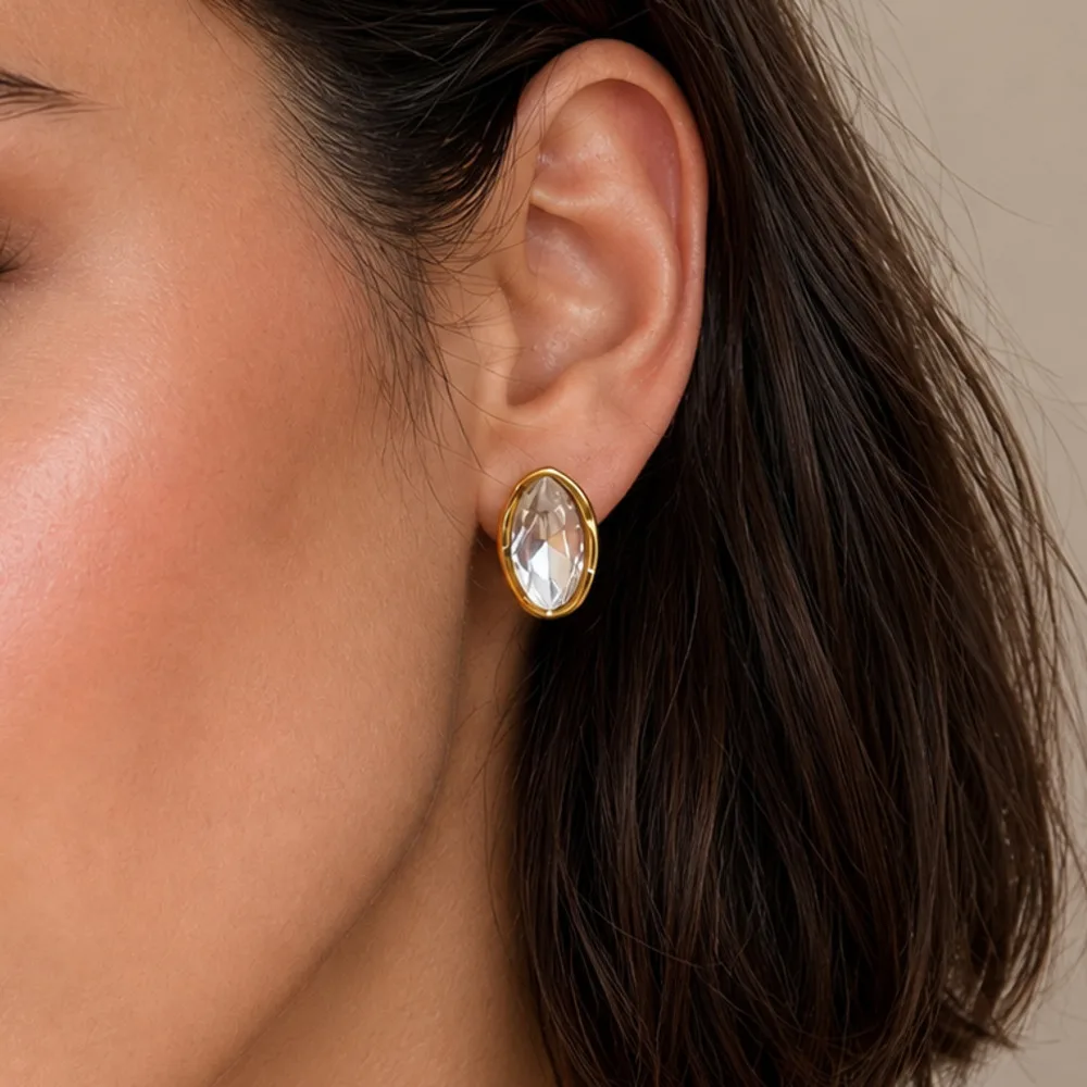 SHIXIN Exquisite Shiny Zircon Stainless Steel Stud Earring Women Charm Hypoallergenic 18KGold Plated Oval Ear Waterproof Jewelry