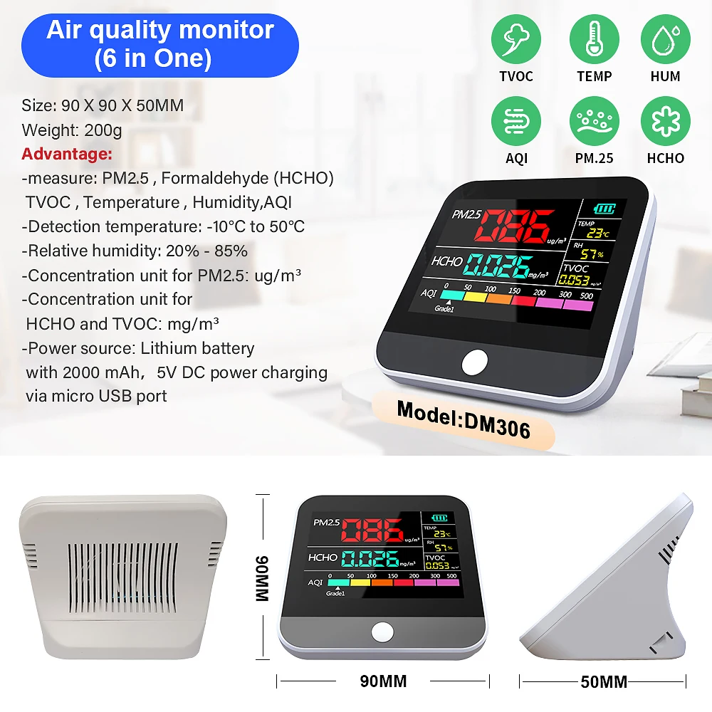 Dienmern New DM306 Multifunctional Air Monitor PM2.5/HCHO/TVOC Quality Detector Home Gas Sensor Meter with LCD Display