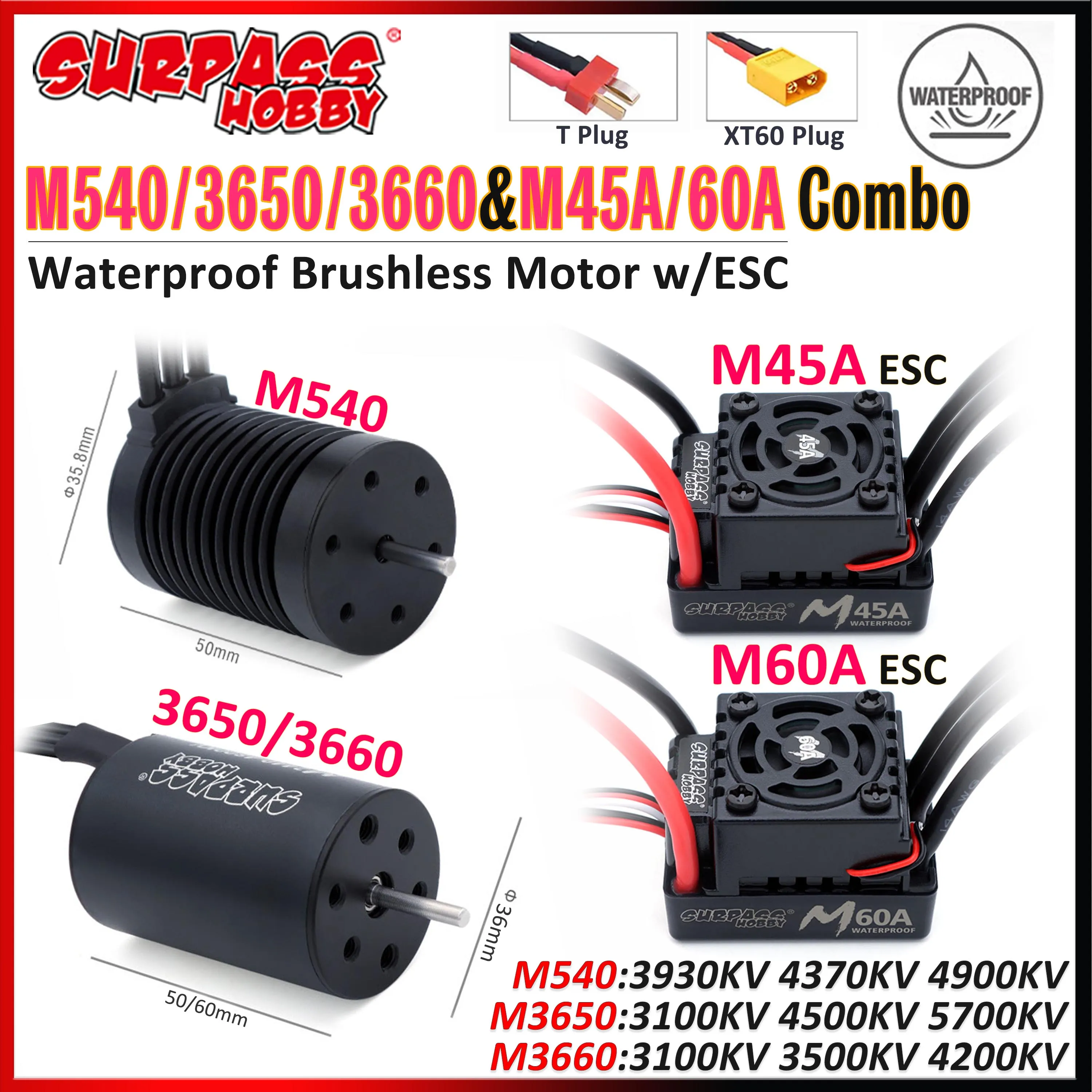 SURPASS HOBBY M540/3650/3660 Waterproof Brushless Motor w/M45A/60A ESC M Series Combo for 1/10 1/12 RC Car Crawler Truck Buggy