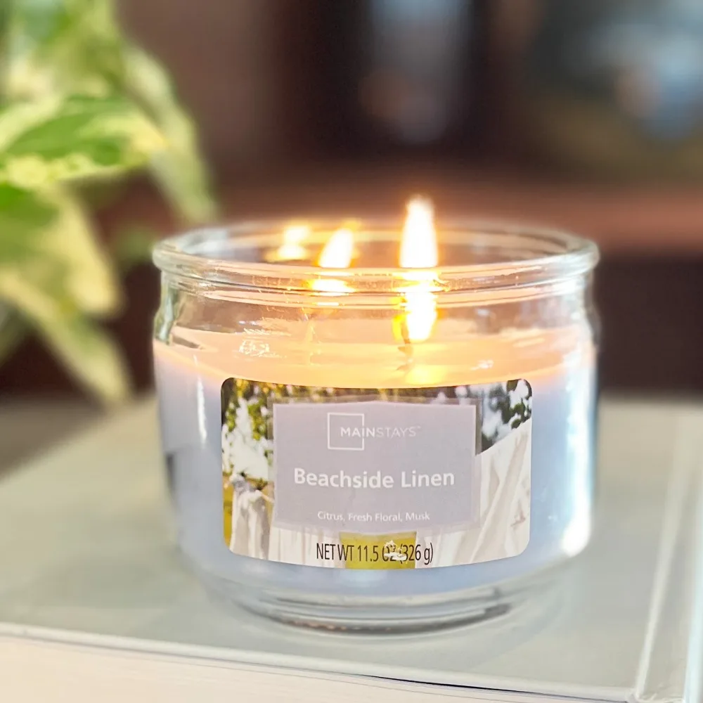 Vela en frasco de vidrio azul grande de 11.5 oz, aroma a lino playero, triple mecha, juego de 1, ¡la más vendida! Oferta especial.