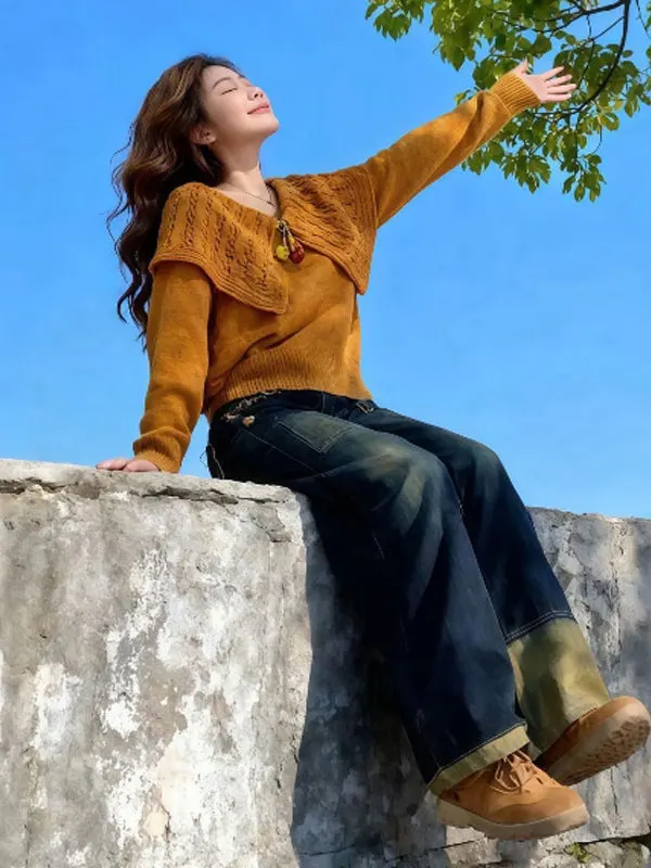 

Sli Unique Large Collar Sweater Women's Faionable Warm Knitted Top Retro Trendy Beautiful Winter Upper Body