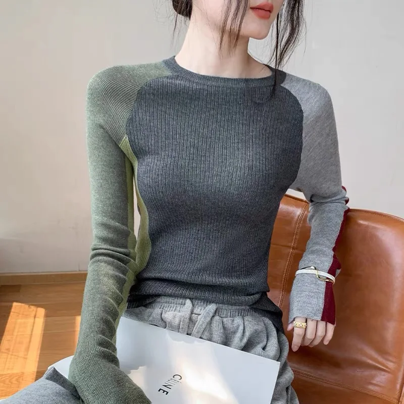 Autumn Women Clothing Temperament Elegant Knitted Tops Fashion Vintage Commute Sweaters Elastic Slim O-neck Pullovers