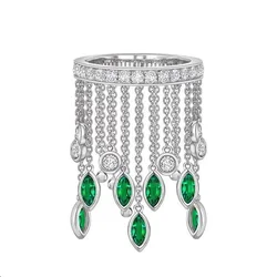 Fashion Waterdrop Tassel Finger Ring for Women Girl Party Wedding Paved Deep Green Zircon Crystal Cuff Кольцо Platinum Plating