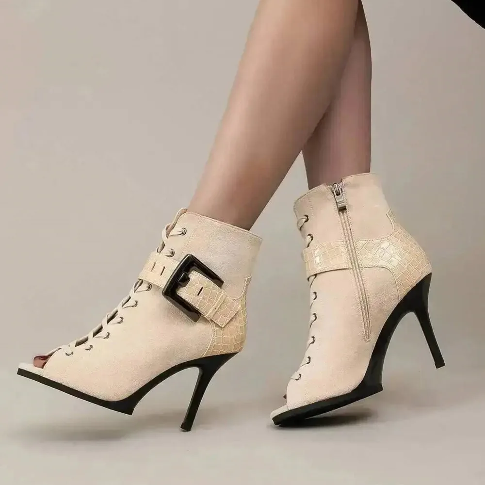 Women Peep Toe Stiletto High Heel Dance Ankle Boots Metal Buckle Lace‑up Back Zipper Latin Salsa Dance Shoes Black Party Heels