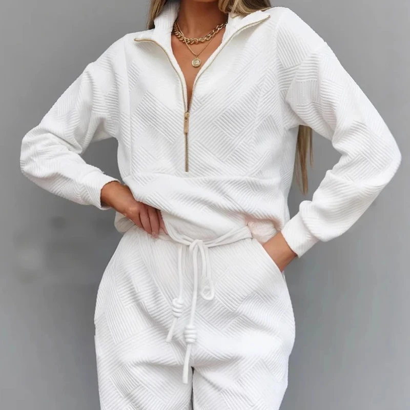 

Casual Women's Set Solid Color Long Sleeved Zipper Loose Top with Tie Up Pants Two-piece Set