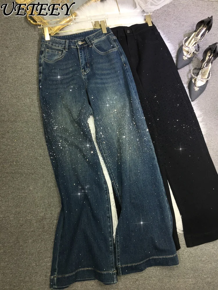الخريف الشتاء الثقيلة حجر الراين الجينز للنساء عالية الخصر السراويل المستقيمة الراين ملابس خارجية السراويل الطويلة الدنيم