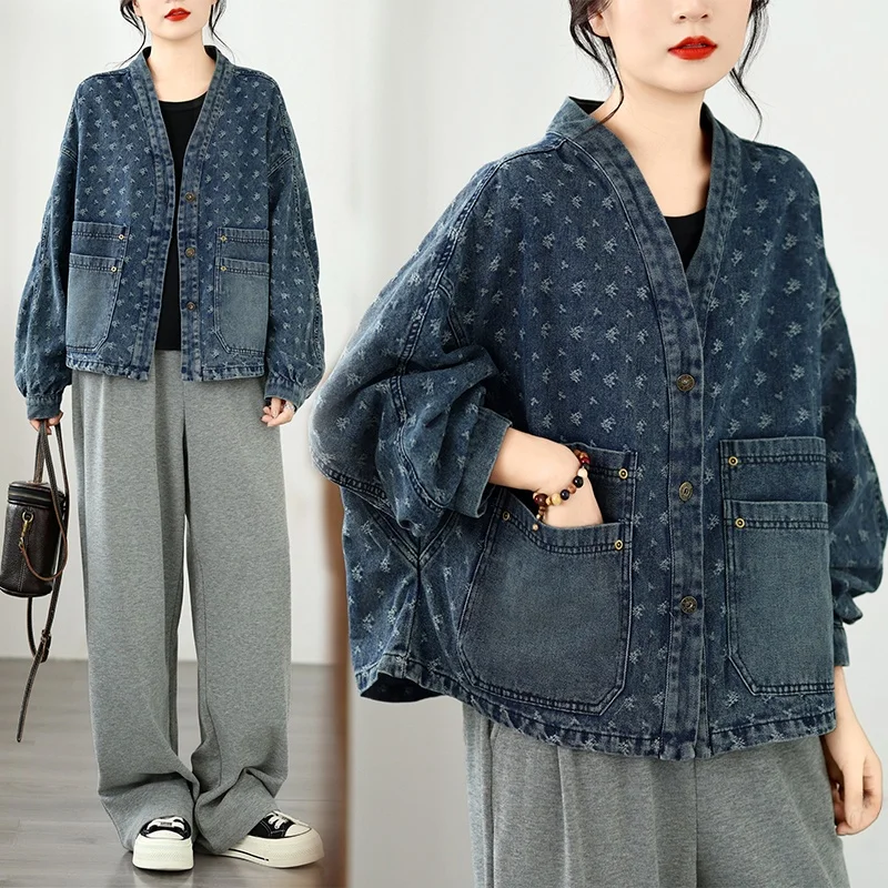 Casual Floral Embroidery Short Jacket Women's Cotton Polyester Blend Long Sleeve Multi-Pocket Denim Fashion Outerwear
