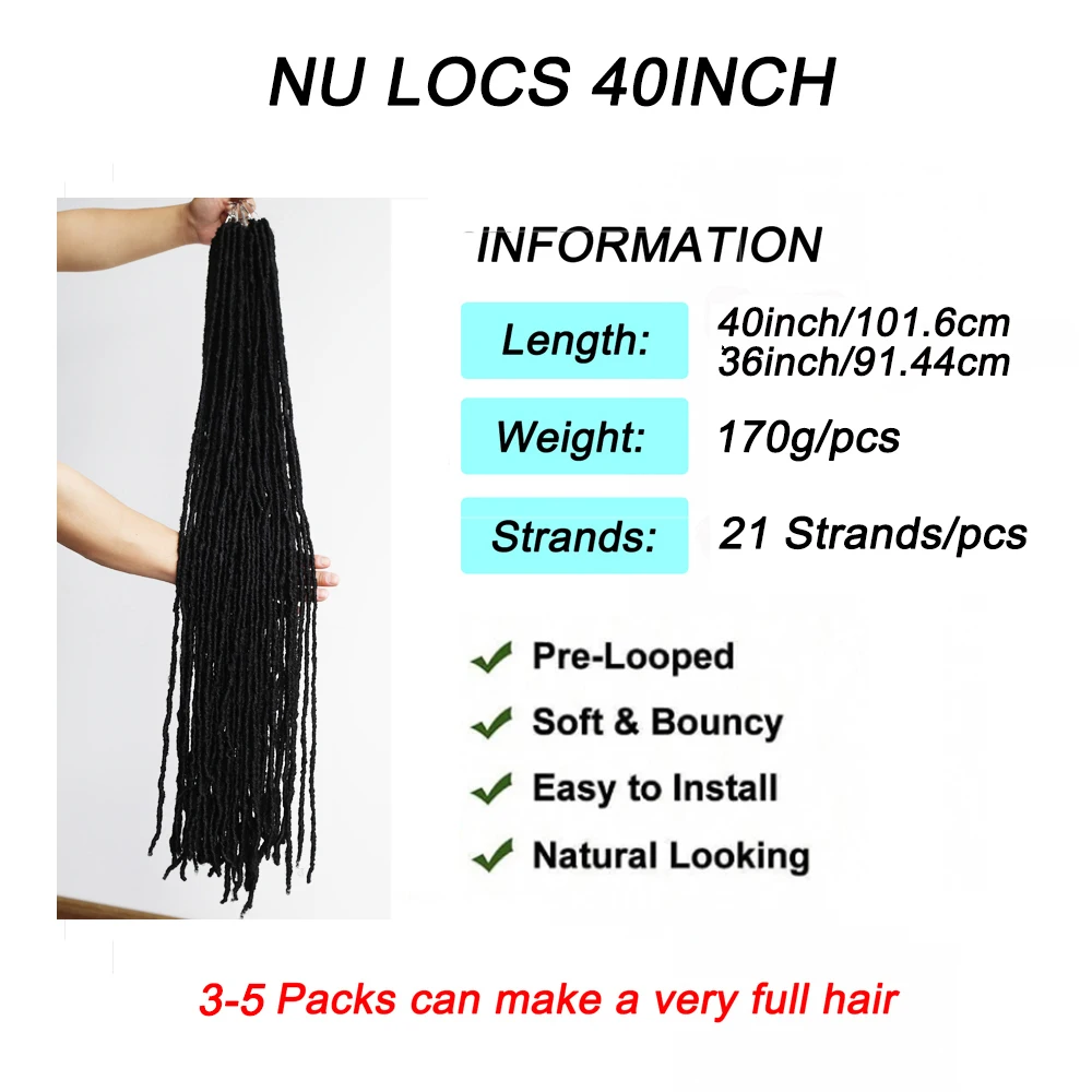 Nu Locs 36–40 Zoll schwarze Faux Locs-Verlängerung, 21 Stränge, weiche Göttin, synthetisches Flechten, Dreadlocks-Haar für Frauen, Häkelhaar