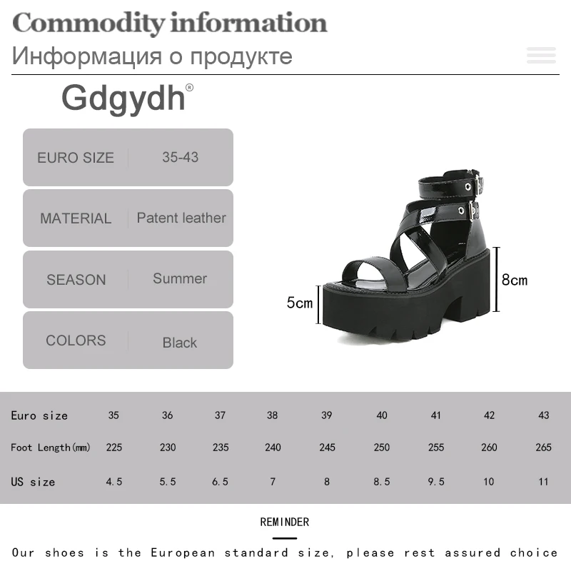 Gdgydh Ankle Strap Sandals for Women Platform Chunky Heels Patent Leather Thick Wedges Summer Shoes Open Toe Zipper Big Size 43