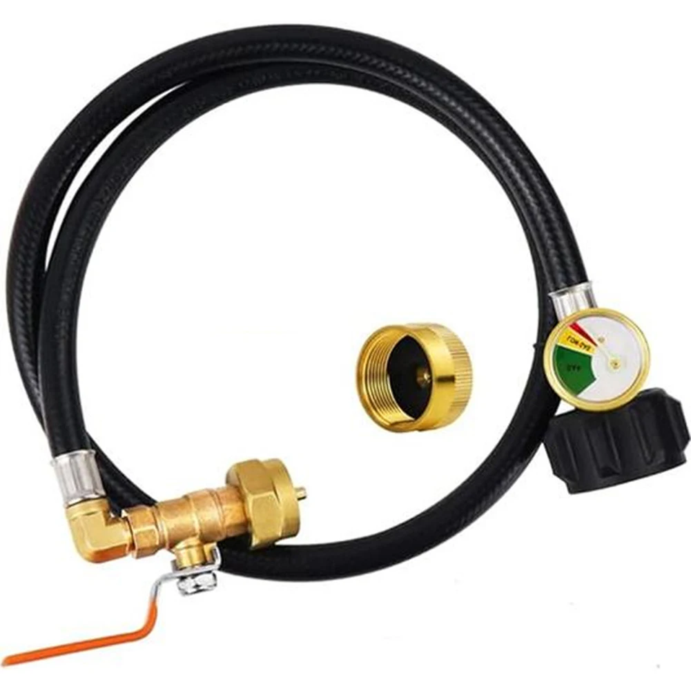 Propane Adapter Hose 3FT with Control Valve and Pressure Gauge for Connecting Large Tanks and 1 lb Bottles Two
