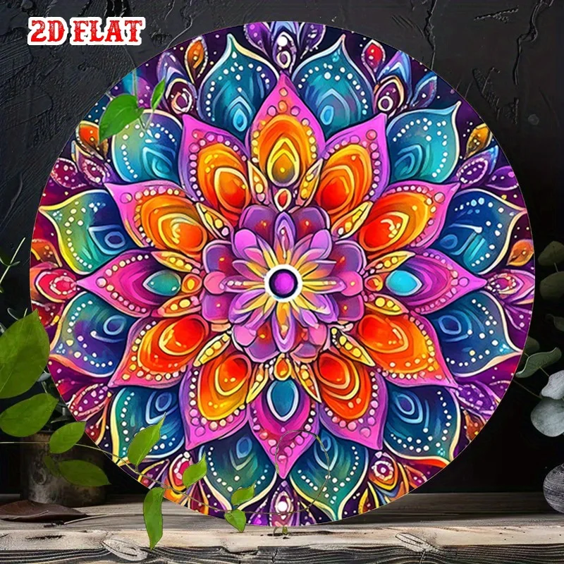 2D Flat, 1pc Mandala Flower Metal Wall Art - Round Retro Mandala Sign Suitable for Home, Cafe, Garage, Dining Room - Aluminum De