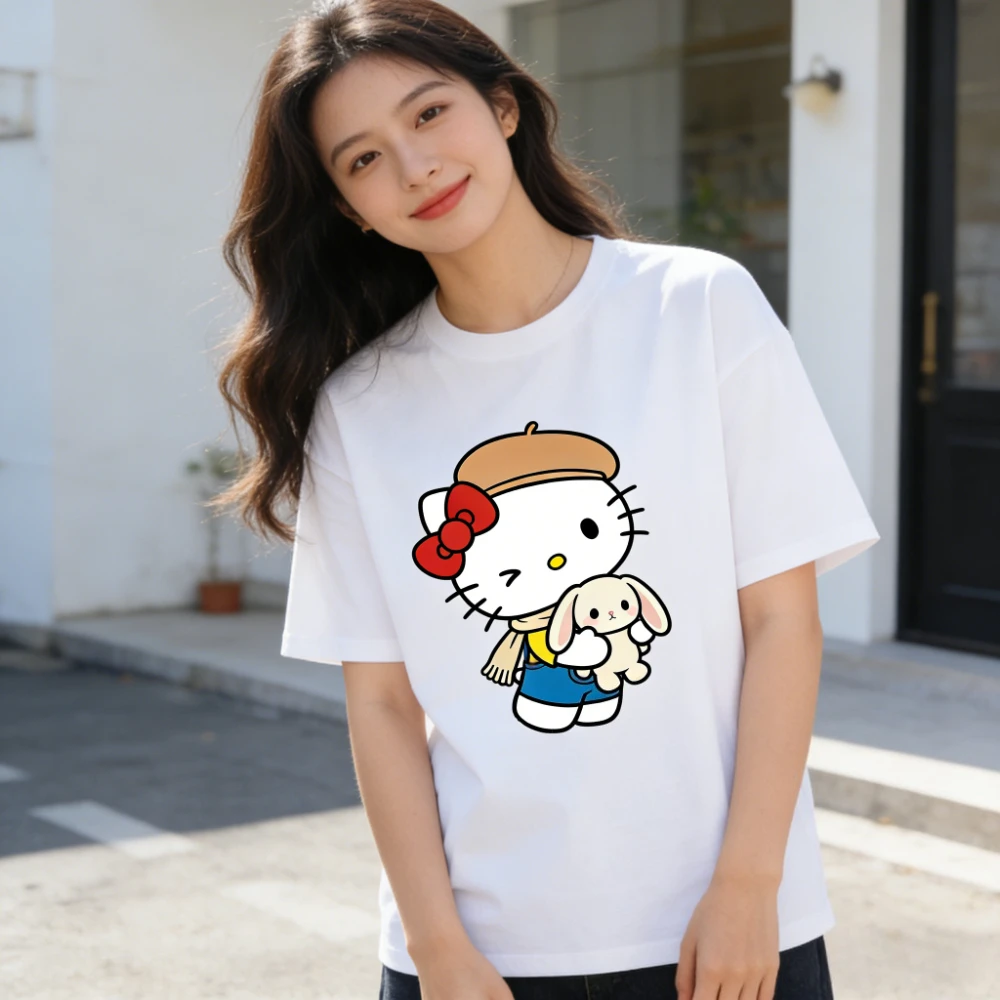 

Летние футболки из чистого хлопка с принтом Hello Kitty, 2026 год, женские, семейные комплекты, топы в стиле Harajuku Y2K