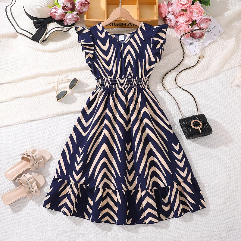 Meninas sem mangas listrado azul marinho vestido franzido-cintura aline vestido de verão tween meninas vestido diário casual atividade vestido de batismo