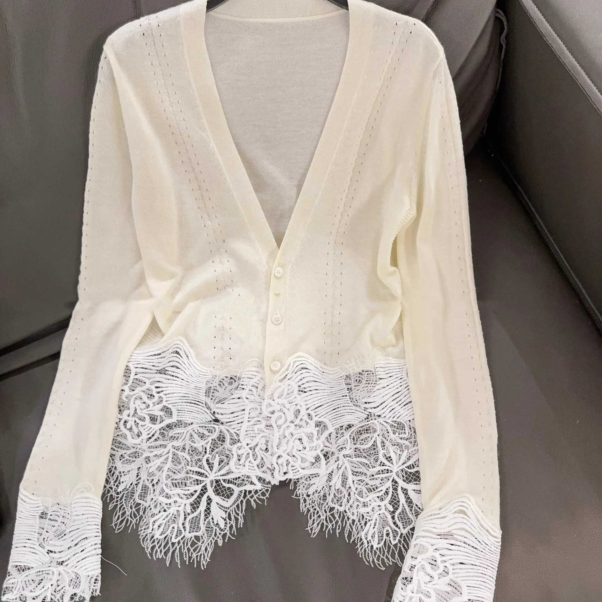 Lace- Patched Knit Cardigan for Women Spring Autumn Fashion Base Layer Long Sleeve V-Neck Top Lightly Mature Style Lady Knitting