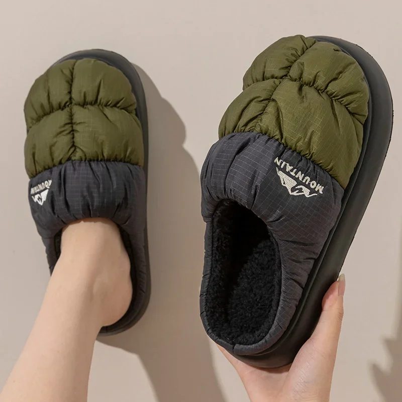 Thick Sole Down Waterproof Women Slippers Fashion Mix Color Non Slip Cotton Shoes Woman Comfy Outdoor Plush Warm Winter Slippers