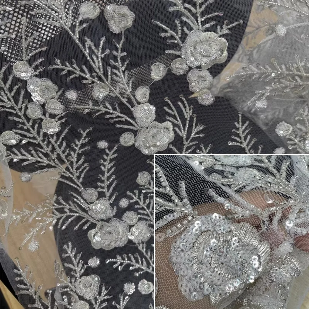 

High end nail bead three-dimensional flower sewing wedding dress evening gown embroidery lace fabric DIY lace yarn fabric