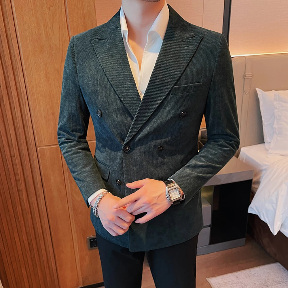 New Classic Corduroy Casual Men Suits Slim Double Breasted Groom Tuxedos Tailor Made Jackets Male Blazers Costume （Only Coat）