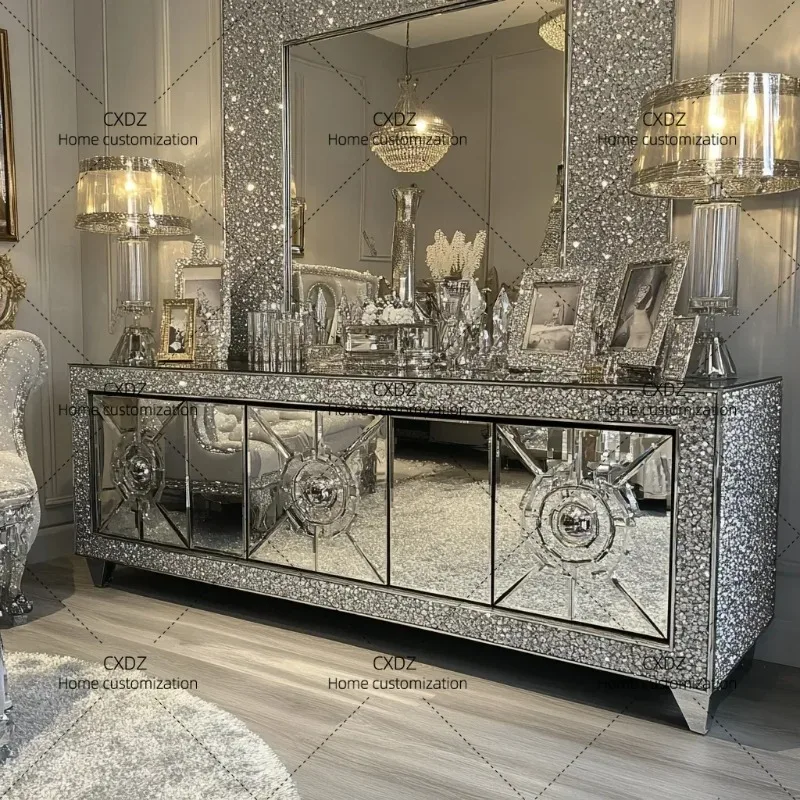 XXWholesale Luxury Wooden Mirror TV Cabinet Living Room Furniture Custom Silver Diamond TV Stand TV Bench