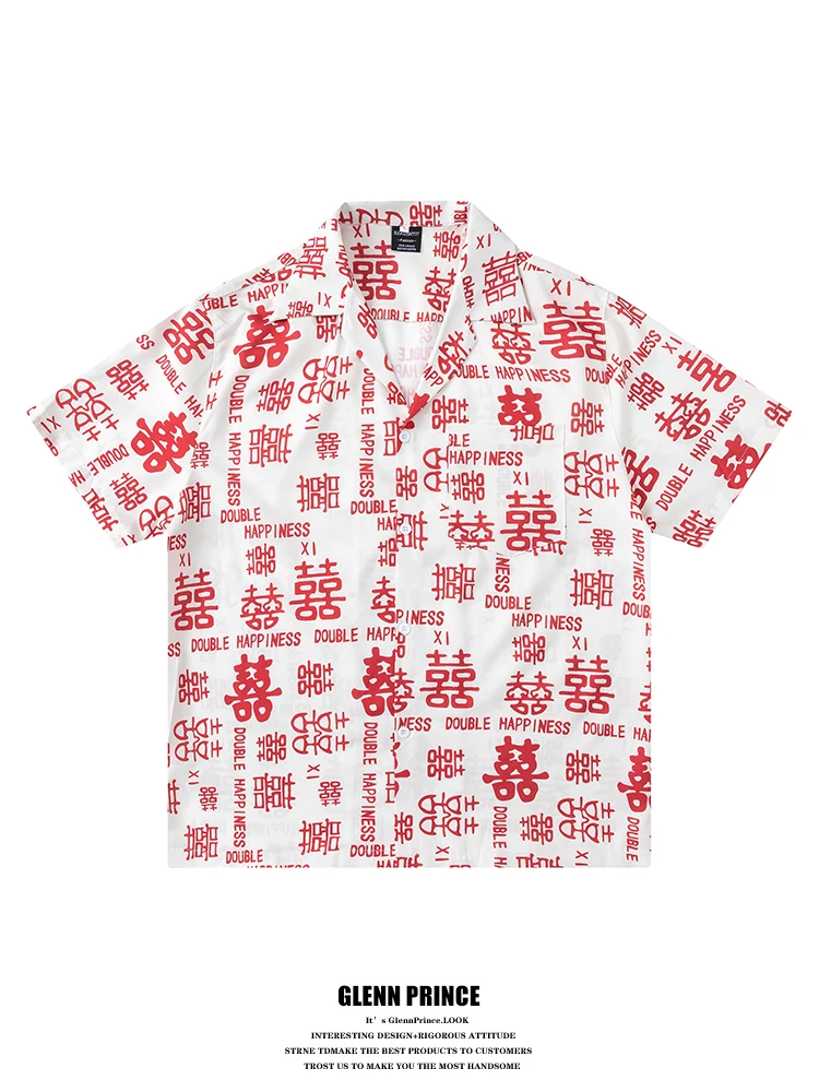 

New Chinese Style Short Sleeve Shirt for Men Couple Loose Cuban Collar Printed Happiness Character Summer Fashion Casual Shirt