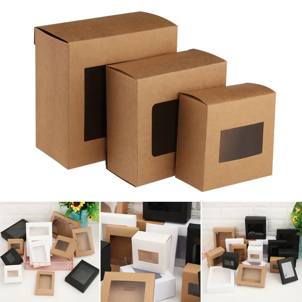 10Pcs DIY  Kraft Paper Gift Box Cake Package with Clear PVC Window Candy Wrapping Bag Wedding Birthday Party Favors Package Box