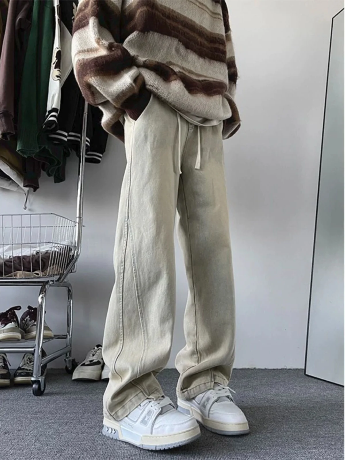 

Мужские джинсы Cleanfit свободного прямого кроя из желтого денима, в американском уличном стиле, с широкими штанинами и шнурком на талии