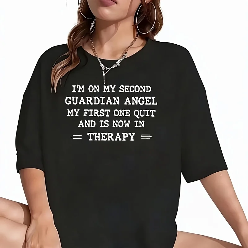 I'M The Second Guardian Angel Women's T-Shirt Funny Graphic Short Sleeve Tee Novelty Shirt Casual Crew Neck Top 100% Cotton S-5XL