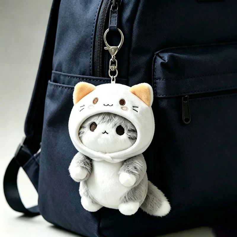 Cute Gray Cat Plush Keychain with Bear Hood Stuffed Doll Bag Charm Backpack Pendant Soft Toy Kawaii Kitty Hanging Ornament Gift