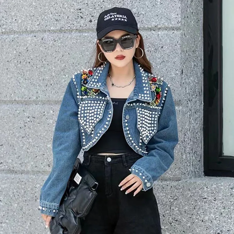 Blue Irregular Short Denim Jacket Heavy Work Rivet Diamond Women Spring Autumn Fashion Lapel Long Sleeve Jeans Jacket Streetwear