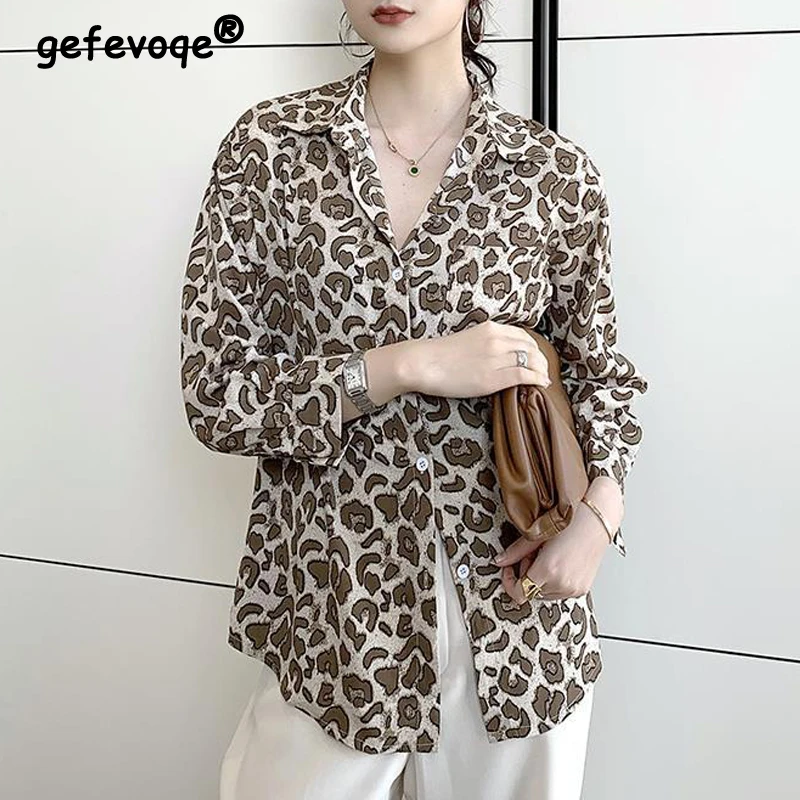 Women\'s Clothing Vintage Leopard Print Oversized Blouse Trendy Long Sleeve Button Shirt Casual Streetwear Tunic Tops Y2K Blusas