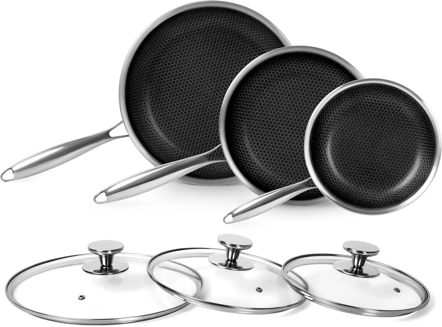 

Three-Piece Stainless Steel Frying Pan Set (with Lid), Three-Piece Non-Stick Honeycomb-Patterned Stainless Steel Frying Pans,
