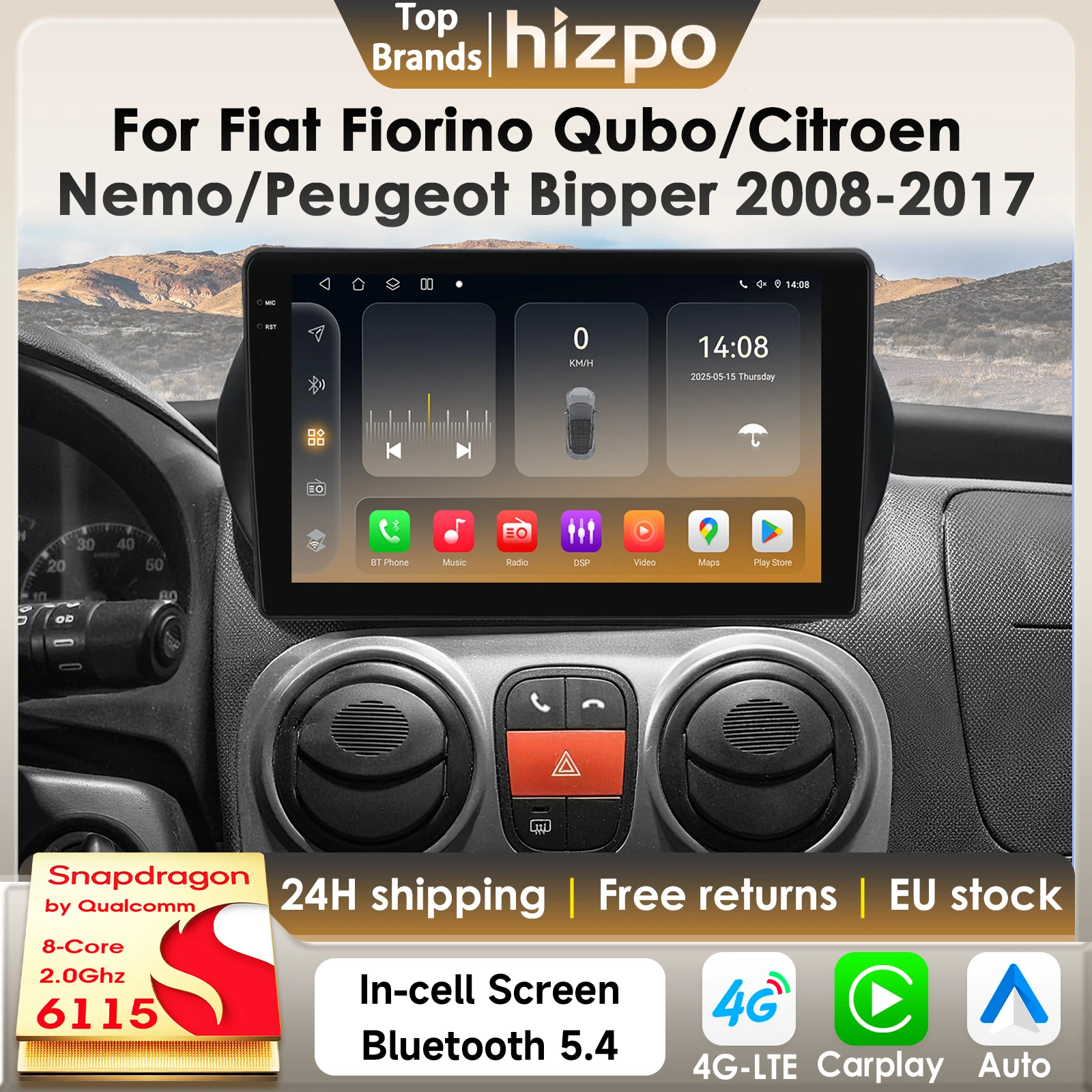 Hizpo 2Din Android 14 autoradio pour Fiat Fiorino Qubo citroën Nemo Peugeot Bipper 2008 - 2017 voiture multimédia GPS 4G Carplay 6115