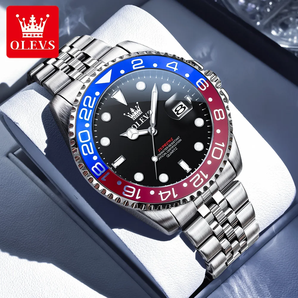 OLEVS Brand Fashion Red Blue Circle Quartz Watch for Men Business Stainless Steel Classic Magnifying Glass Calendar Watches Mens