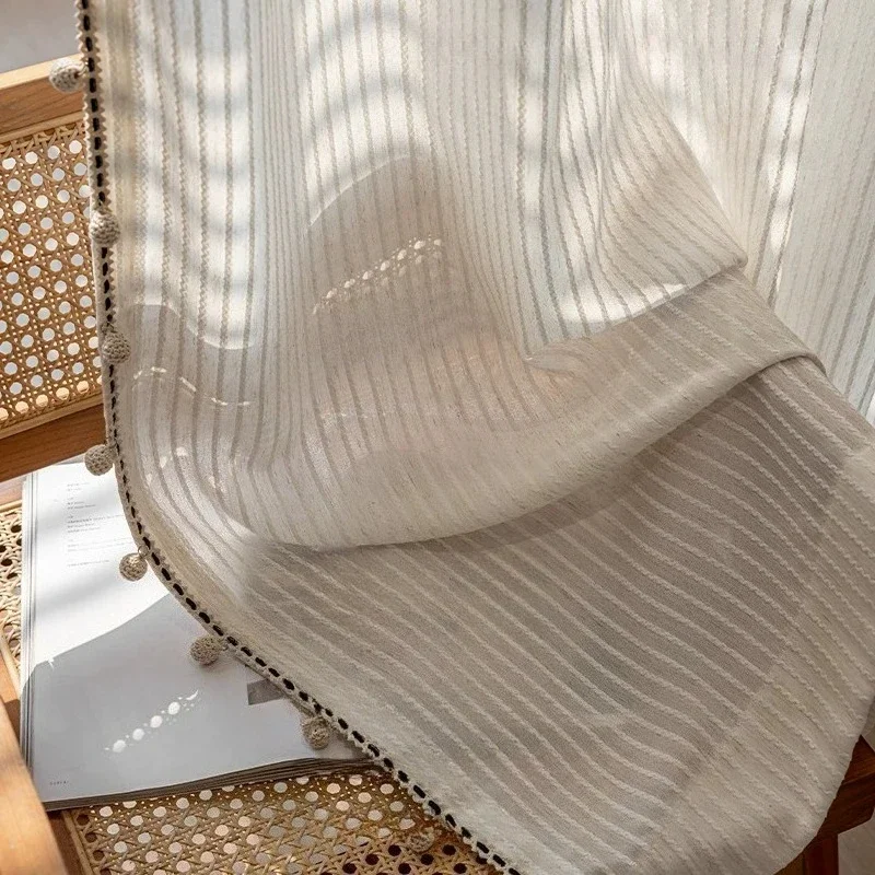 Cream Vertical Stripe Jacquard Linen Window Screens for Living Room Bedroom French Window Balcony Customized Finished Product