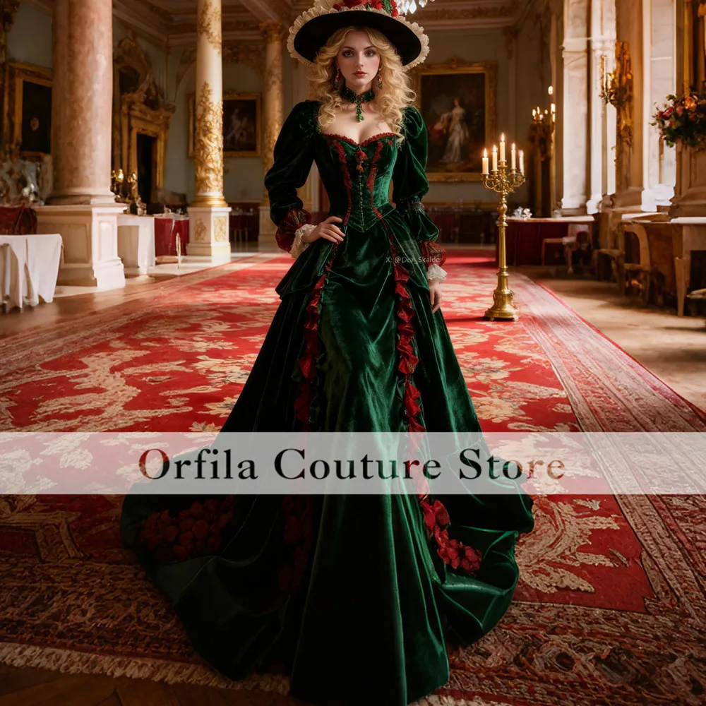 Romantic Dark Green Dress For Evening Fantasy Costume Medieval Prom Dress Long Sleeves Ceremony Prom Party Gowns Customized