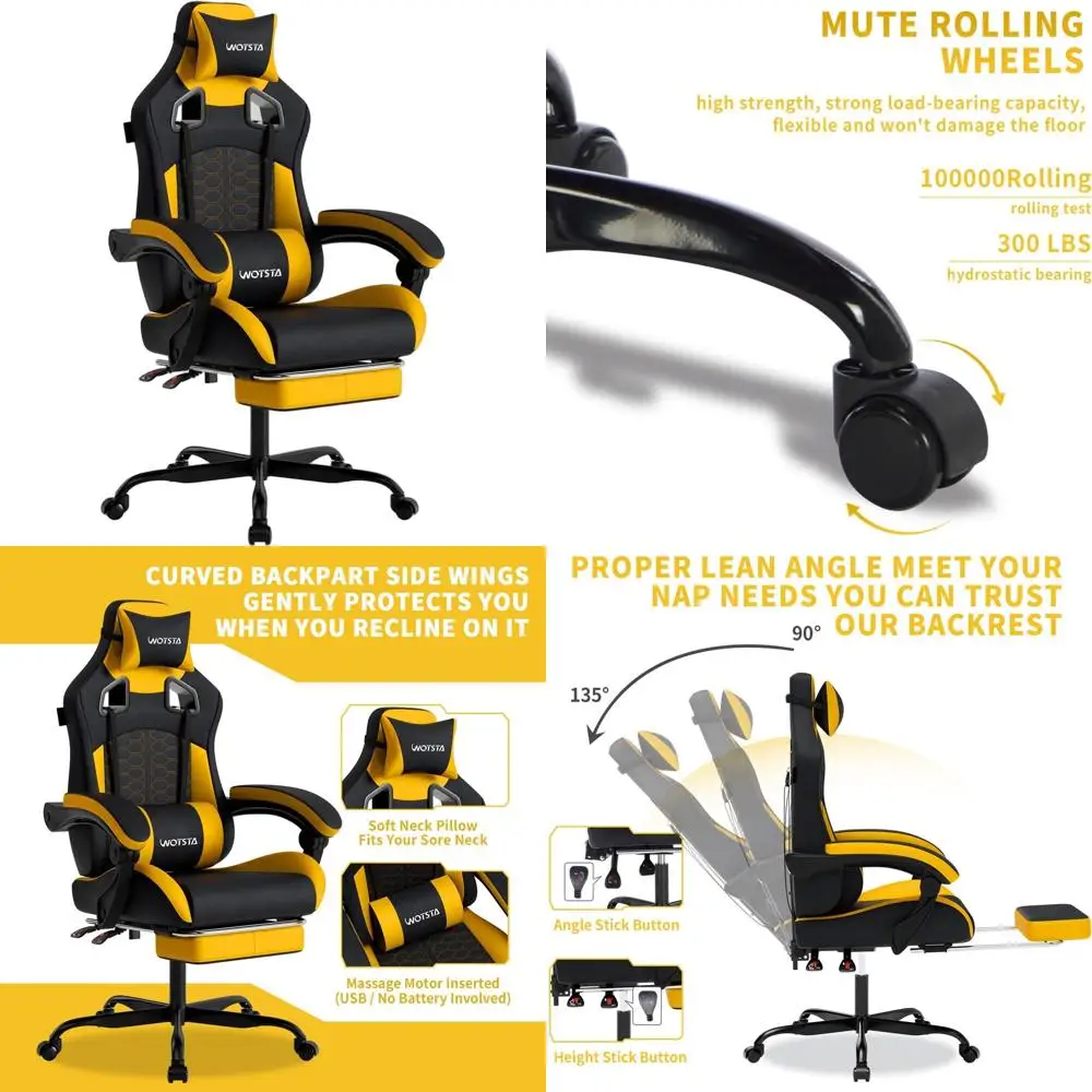 

Ergonomic High-Back Gaming Chair with Massage, Lumbar Support, and Comfortable Rest for 300 lbs (Black/Yellow)