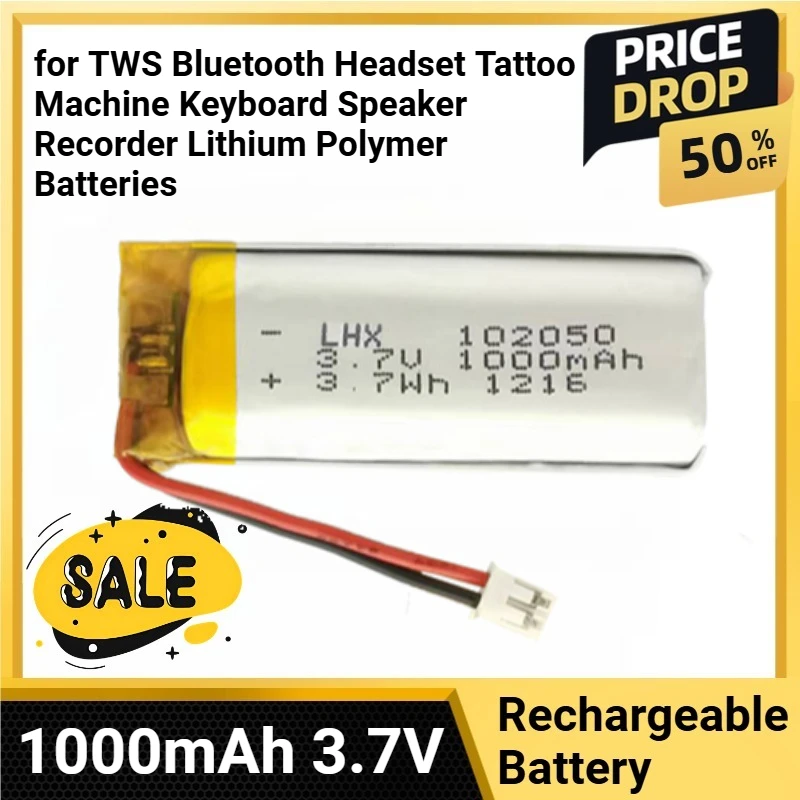 

102050 1-10pcs Battery 1000mAh 3.7V for TWS Bluetooth Headset Tattoo Machine Keyboard Speaker Recorder Lithium Polymer Batteries