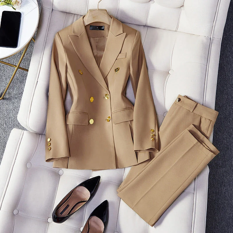 Blazer Sets Korean Fashion Khaki Long Sleeve Pant Sets Sping Autumn Design Sense Suit Elegant Casual Office 2 Piece Women Outfit