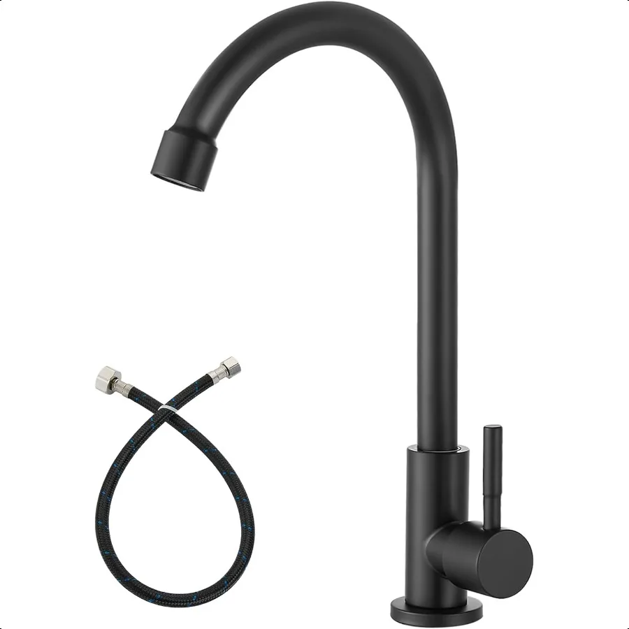 

Матовый черный кухонный смеситель только для холодной воды SUS304, смесители для раковины, высокая дуга, гибкая шея, вращение на 360 градусов, излив, смеситель для раковины с длинным