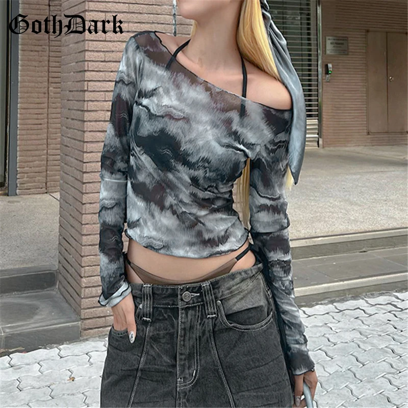 

Goth Dark Cyber Techwear Mall Goth Print Long Sleeve T-shirts Grunge Mesh See Through Basic Pullovers Tops Women Gothic Crop Tee