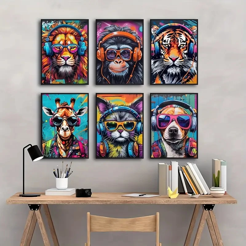 Afbeelding 3: 6 stks/set Modieuze Retro Graffiti Dier Canvas Leeuw Tijger Hond Gorilla Giraffe Game Room Home Decoratie Poster Dier Thema