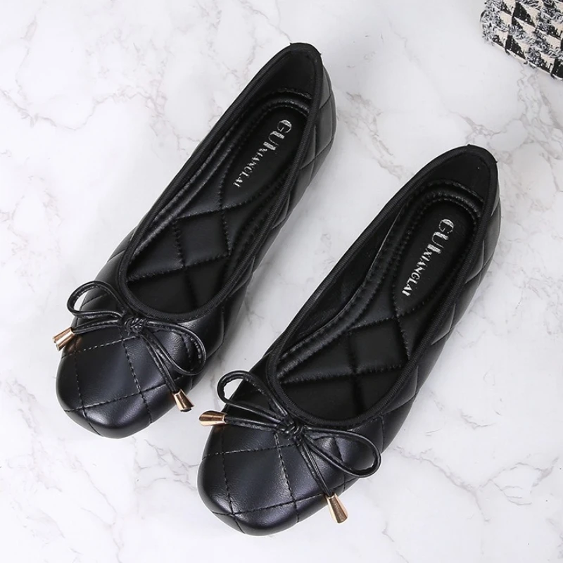 Women flats Low Heel Pumps Office Lady Leahter Shoes Fashion Bowknot Slip on Female