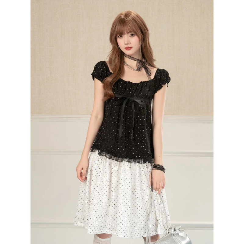 Y2k Vintage Ribbon Polka Dot T-Shirt Short Sleeve Women Casual Korean Retro Elegant Top Gentle Bodycon Spring Summer 2026