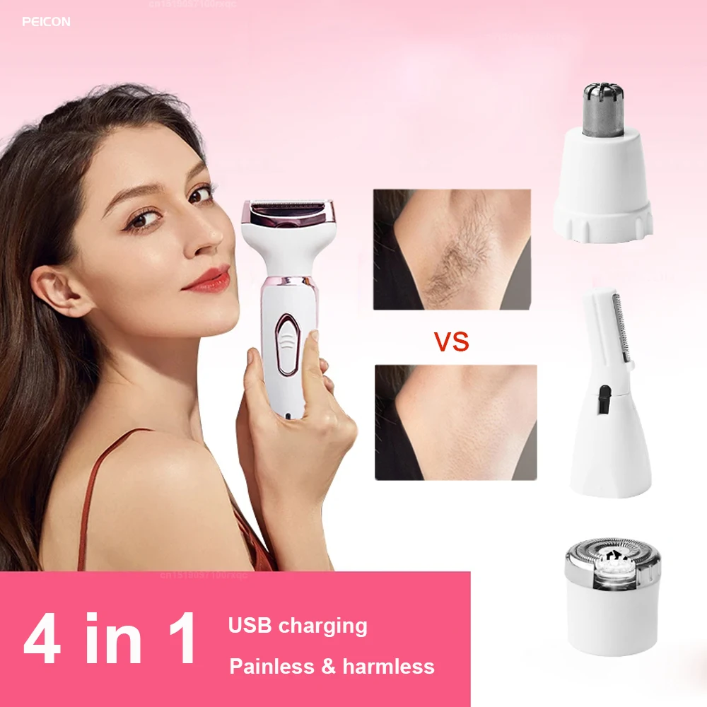 Facial Hair Epilator Women for Body Facial Leg Arm Underarm Bikini Razor Electric Hair Removal Female Rechargeable Shaver 4 in 1