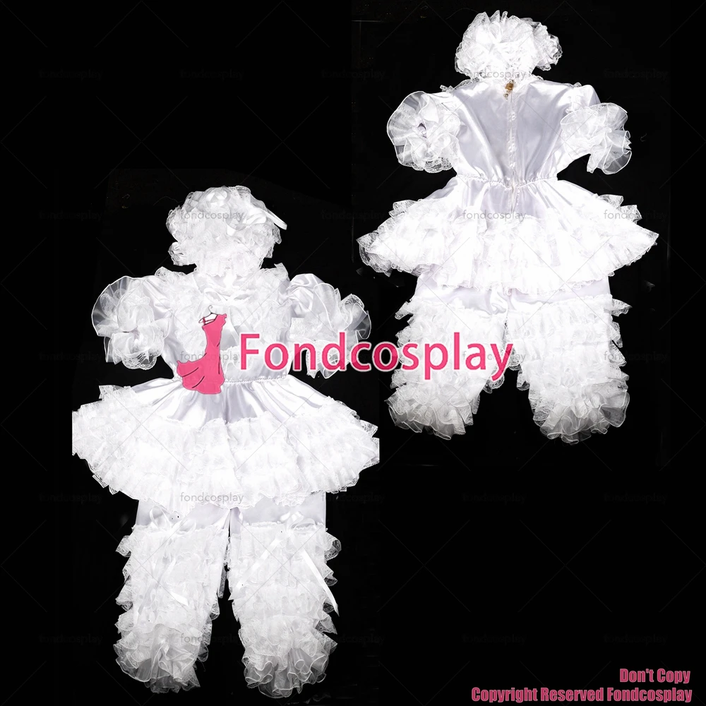 fondcosplay adult sexy cross dressing sissy maid baby white satin organza Jumpsuit Romper Suit lockable Uniform hood[G2400]