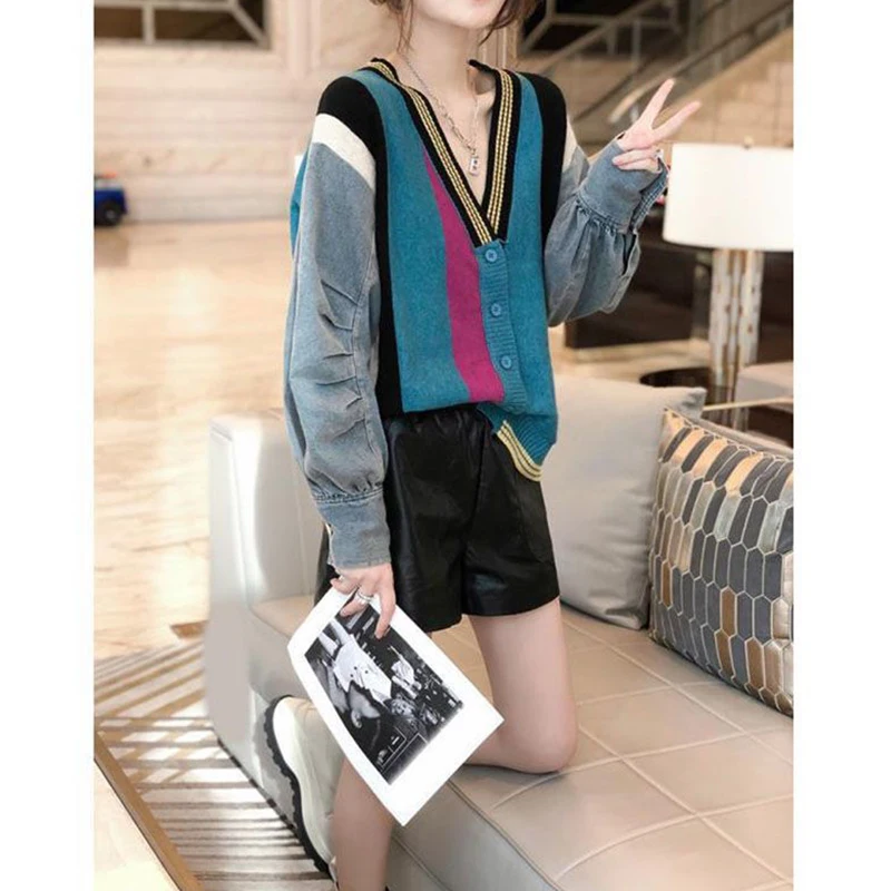 Autumn Winter Korean Style Loose Casual Denim Patchwork Sweater Lady Buttons Top Women Elegant All-match Knitting Cardigan Coat