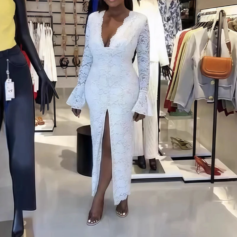 

Long White Dress Women Dresses Lace Floral Slim Sexy Vestidos Streetwear V Neck Flare Sleeve Elegant Y2k Wedding 2025 Party Club