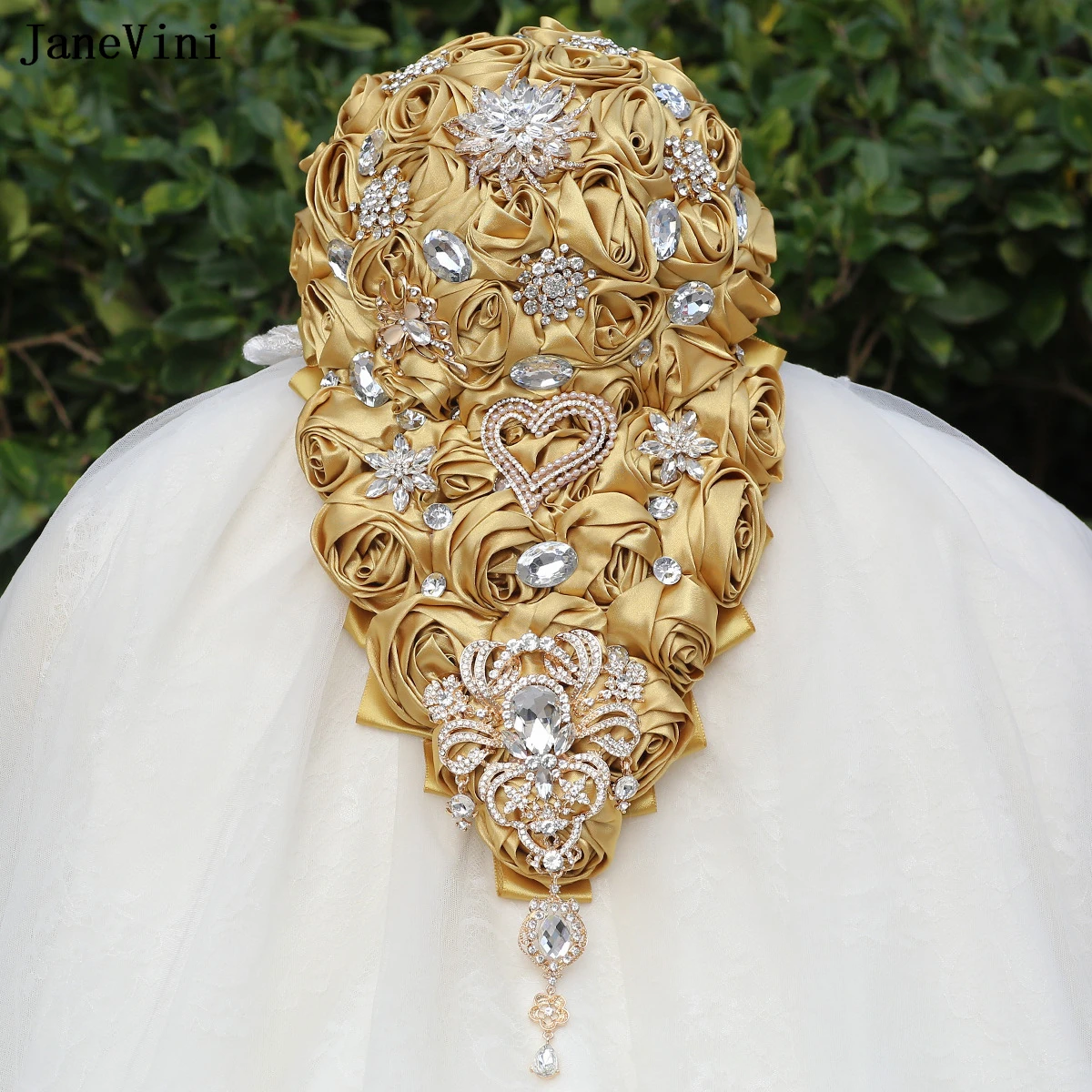 

JaneVini Bling Rhinestones Jewelry Light Gold Waterfall Bridal Bouquets Artificial Satin Roses Wedding Cascading Flowers Bouquet